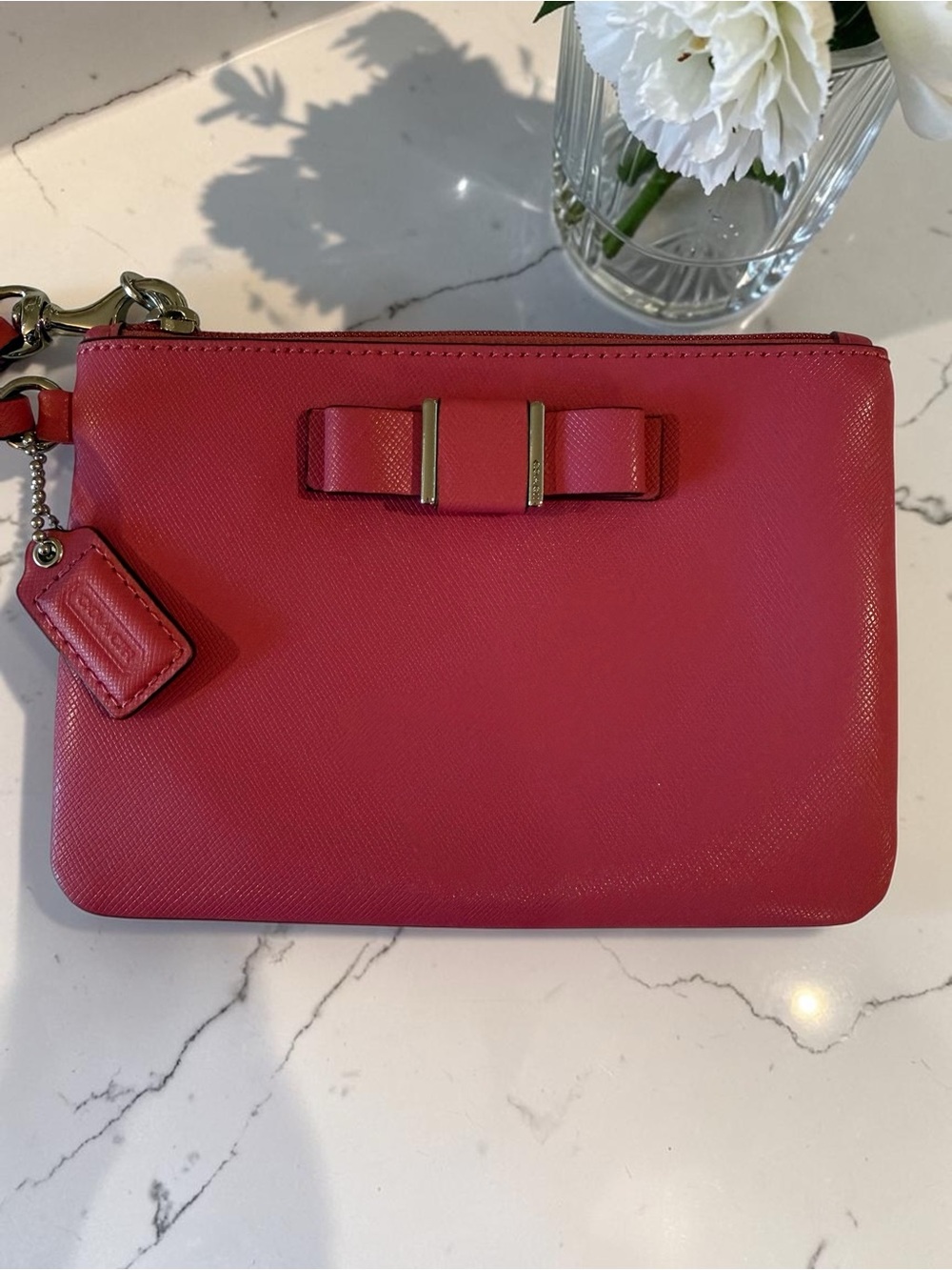 Coach Darcy Bow Strawberry Pink Saffiano Leather Wristlet